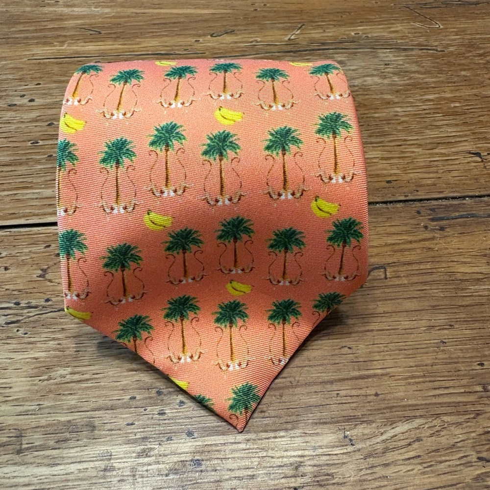 Fun Handmade Silk Coral Orange Monkey & Banana Tropical Necktie